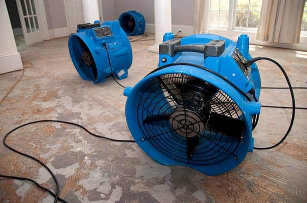 This is the sewage water damage recovery process in a residential home. The flooring is ripped off, and the rooms are sprayed with biowash. Industrial fans and dehumidifiers is placed in the room for the drying and restoration process. The process will last 3 days.